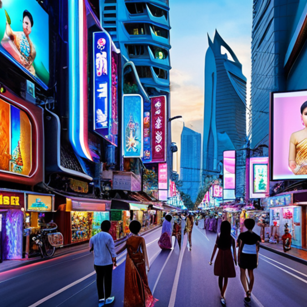 **Prompt:** A futuristic cityscape in Bangkok, Thailand, with holographic advertisements showcasing Thai products and cultural performances. People are interacting with the holograms, creating a vibrant and immersive experience. Focus on the blend of modern technology and traditional Thai elements.