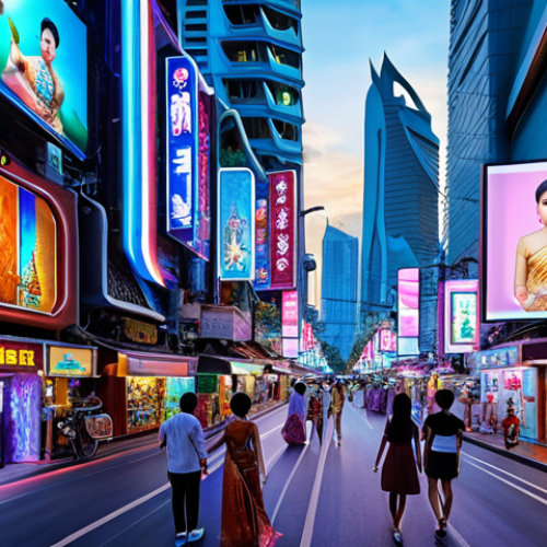 **Prompt:** A futuristic cityscape in Bangkok, Thailand, with holographic advertisements showcasing Thai products and cultural performances. People are interacting with the holograms, creating a vibrant and immersive experience. Focus on the blend of modern technology and traditional Thai elements.