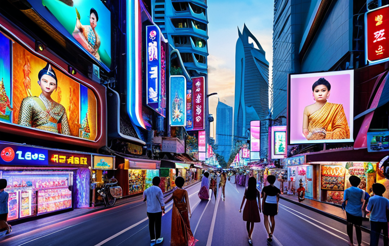 **Prompt:** A futuristic cityscape in Bangkok, Thailand, with holographic advertisements showcasing Thai products and cultural performances. People are interacting with the holograms, creating a vibrant and immersive experience. Focus on the blend of modern technology and traditional Thai elements.